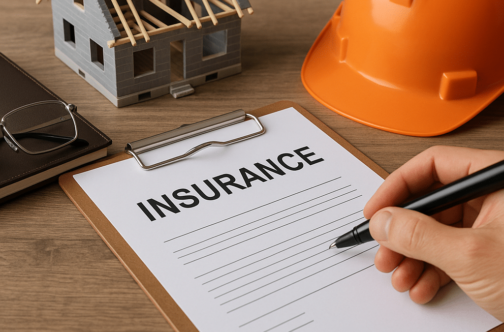 Gros plan sur une main tenant un stylo au-dessus d’un formulaire d’assurance posé sur un bureau en bois, avec en arrière-plan une maquette de maison en construction, un casque de chantier orange et un carnet. L’image illustre l’univers de l’assurance dans le secteur du bâtiment.