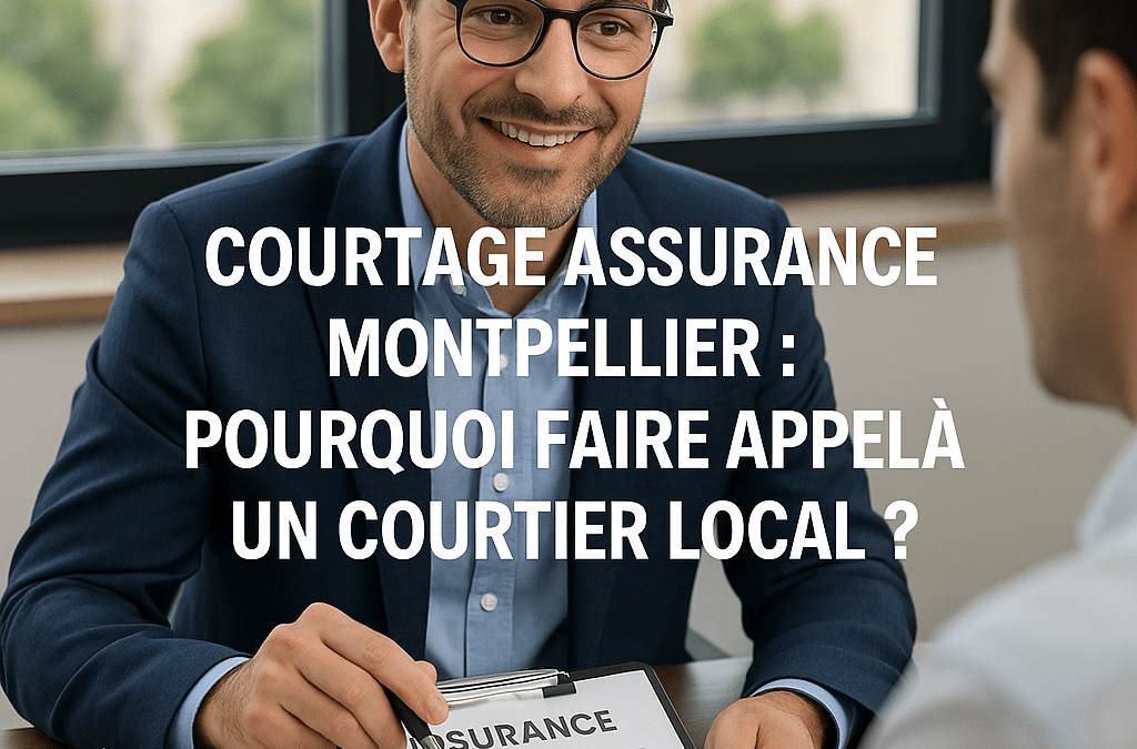 Courtier en assurance à Montpellier expliquant un contrat à un client dans un bureau lumineux avec vue sur la ville, illustrant les avantages du courtage assurance Montpellier : accompagnement personnalisé, comparatif d'offres et expertise locale. Texte en surimpression : "Courtage assurance Montpellier : pourquoi faire appel à un courtier local ?".